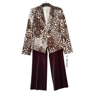 Tahari Pant Suit Animal Print Blazer with Solid Brown Straight Leg Pants Size 6